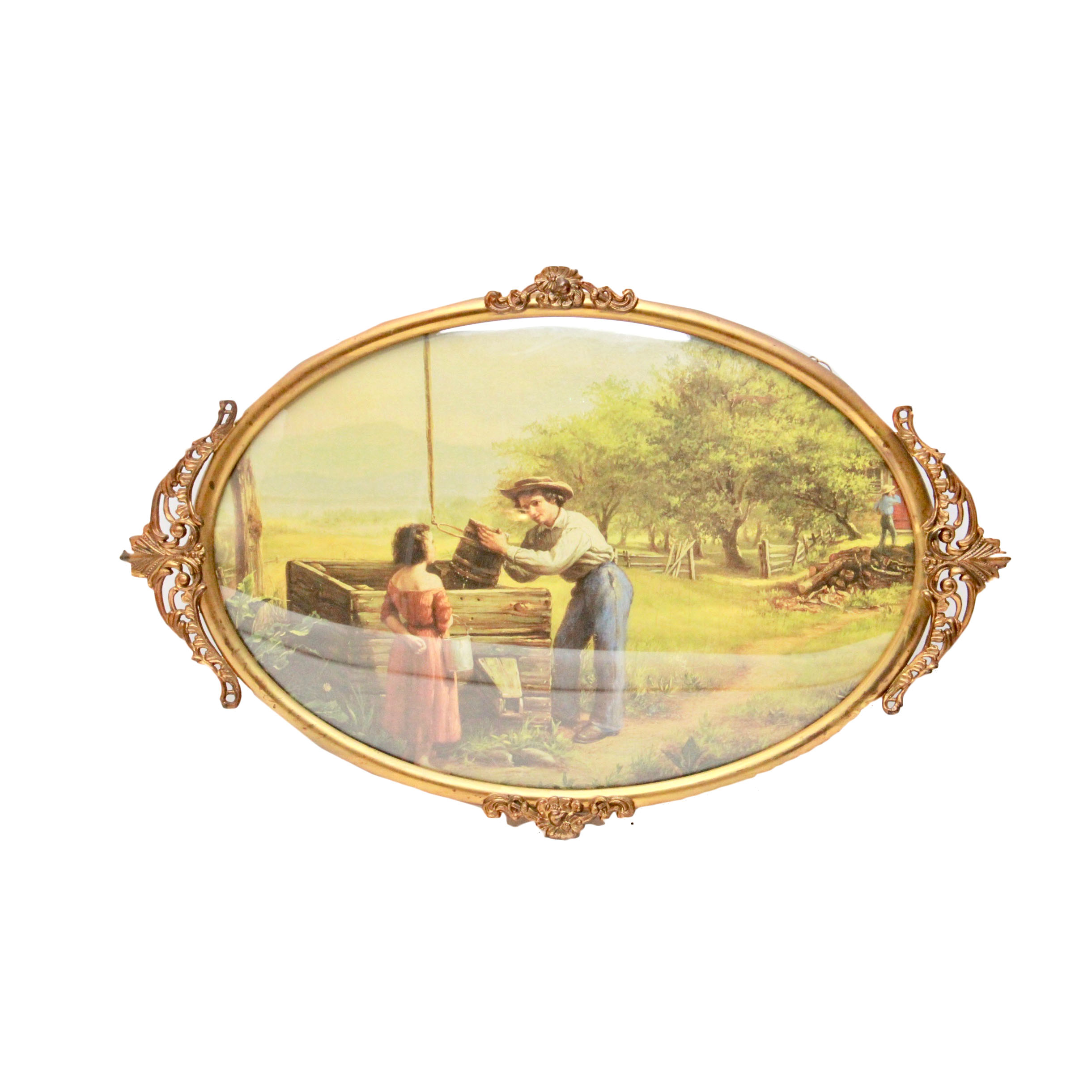 Vintage Lithograph in Metal Frame with Convex Glass