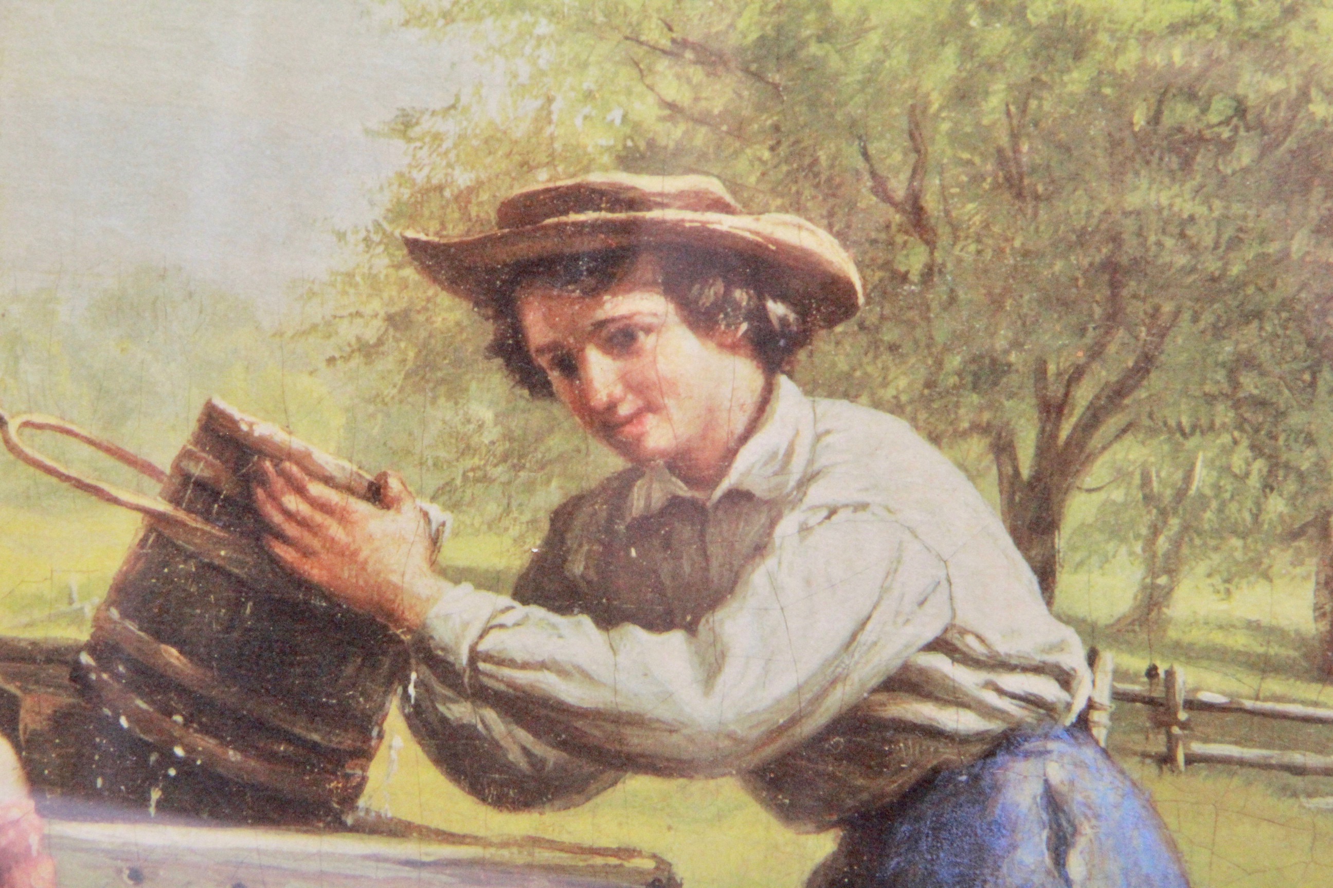 Vintage Lithograph in Metal Frame with Convex Glass