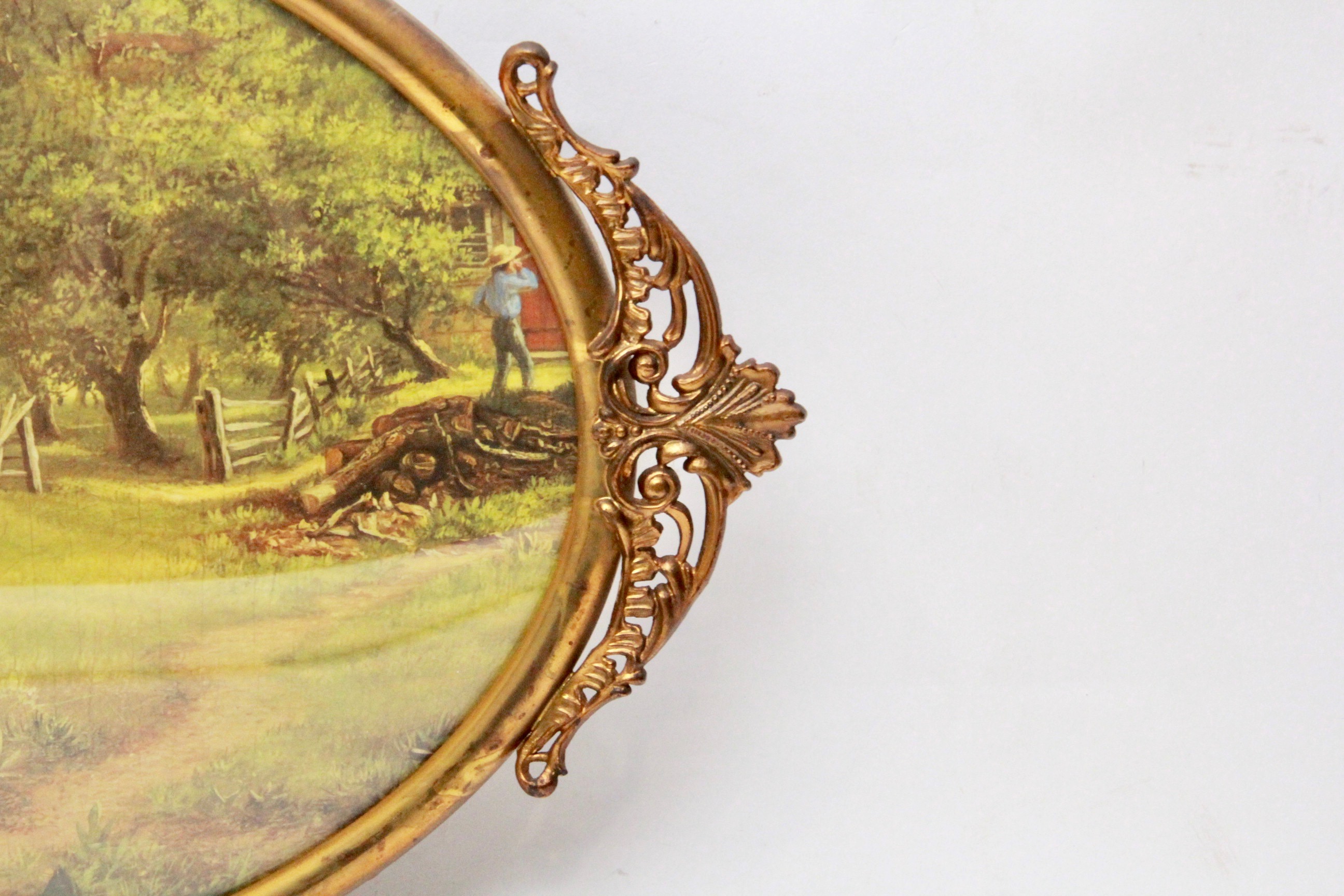 Vintage Lithograph in Metal Frame with Convex Glass