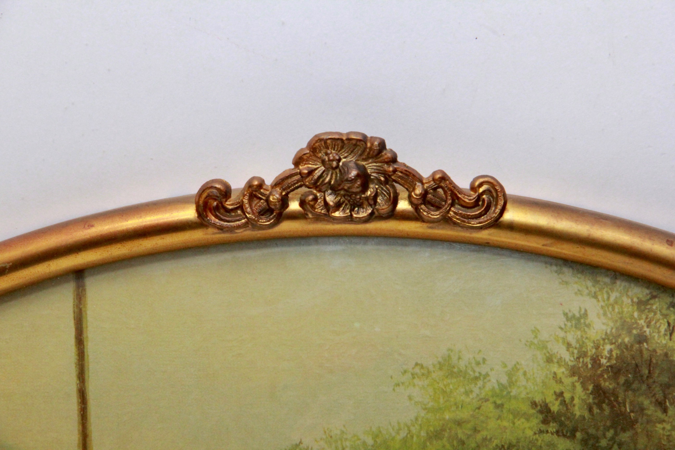 Vintage Lithograph in Metal Frame with Convex Glass