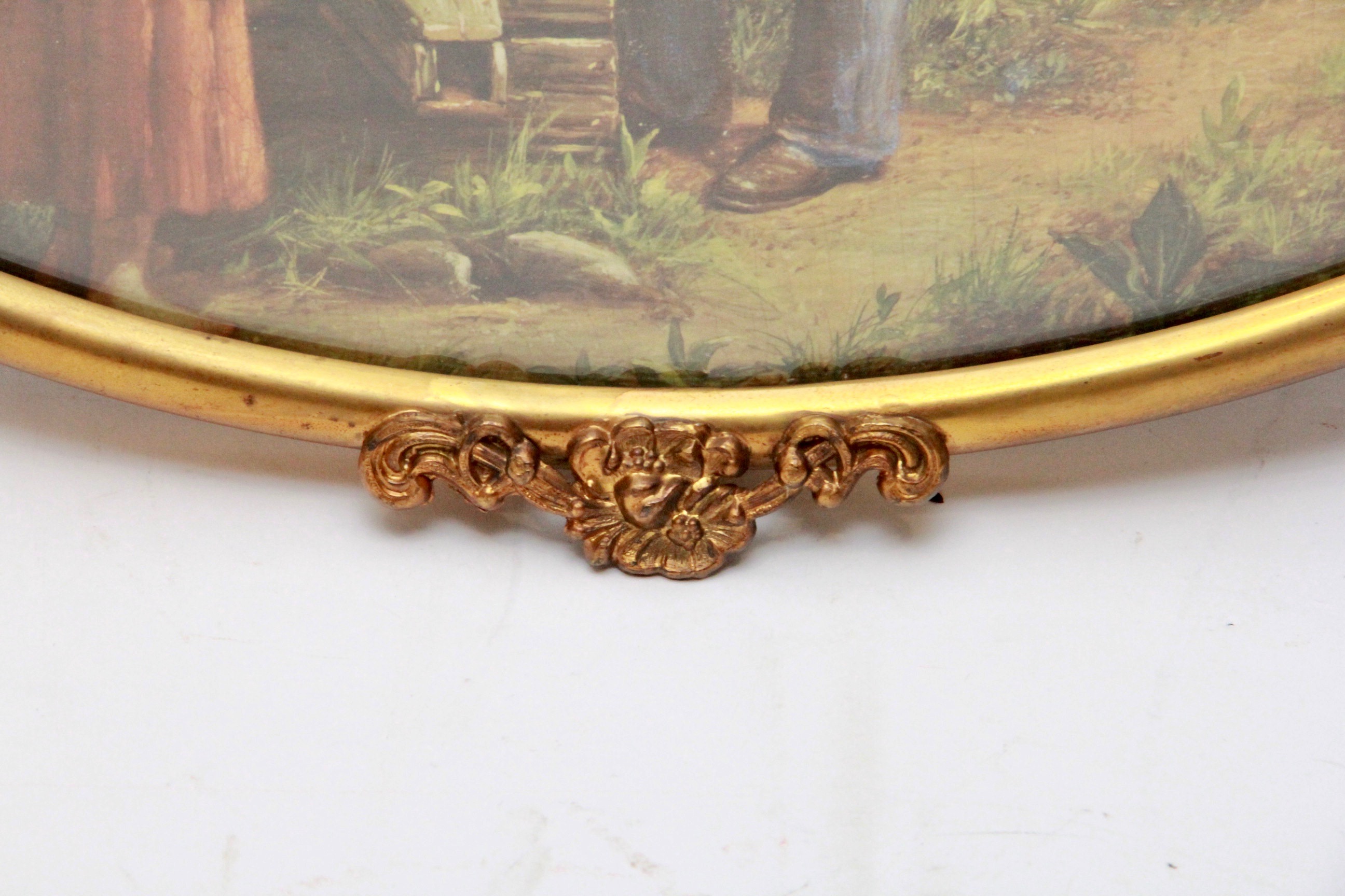 Vintage Lithograph in Metal Frame with Convex Glass