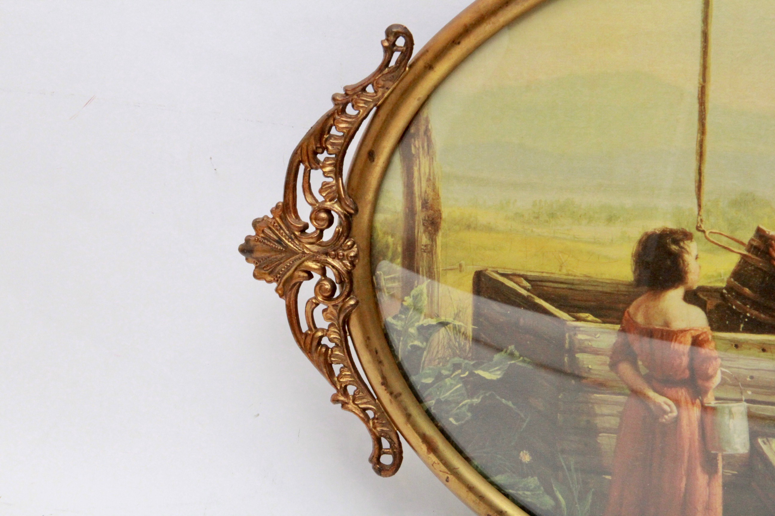 Vintage Lithograph in Metal Frame with Convex Glass