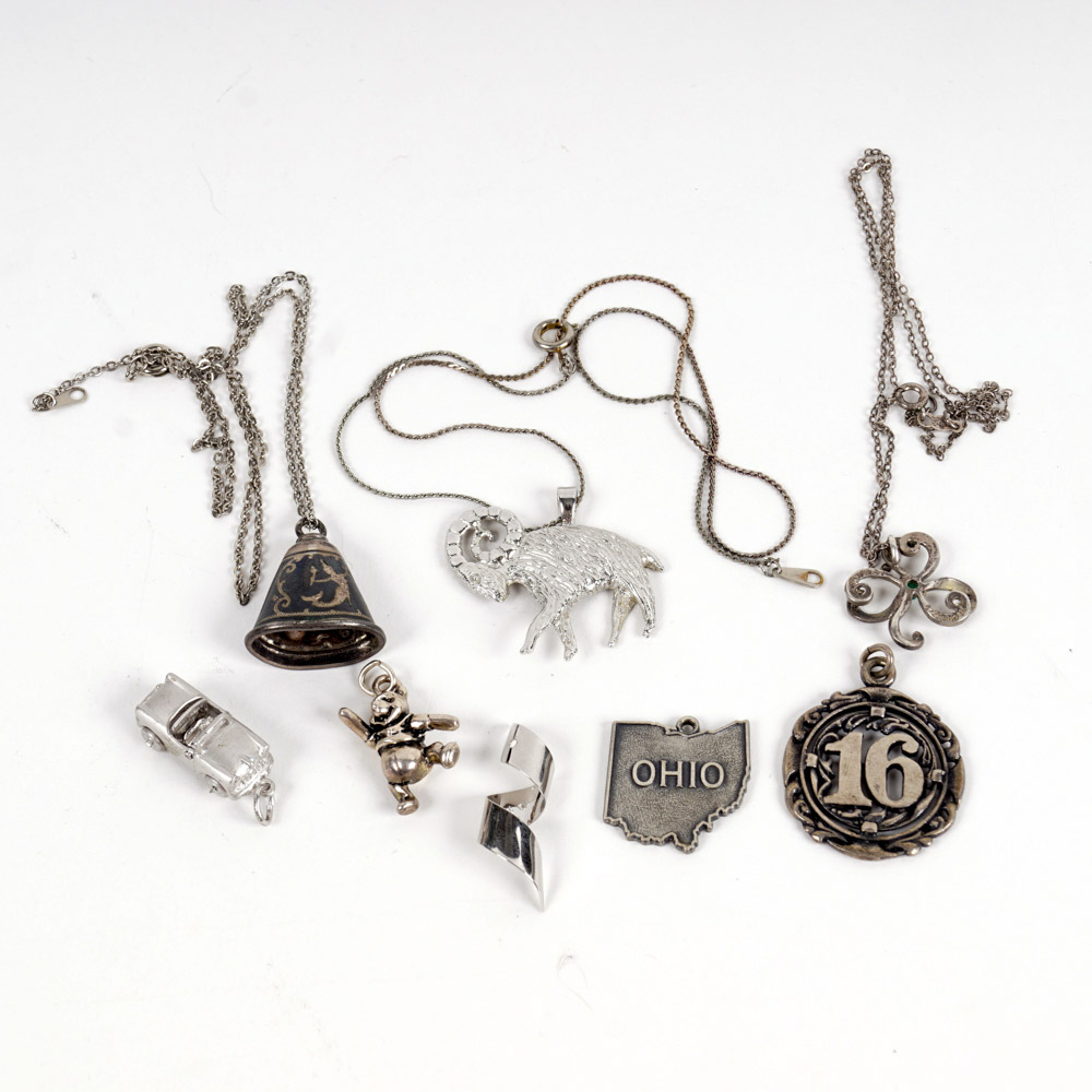 Collection of Sterling Silver Necklaces with Pendants and Charms