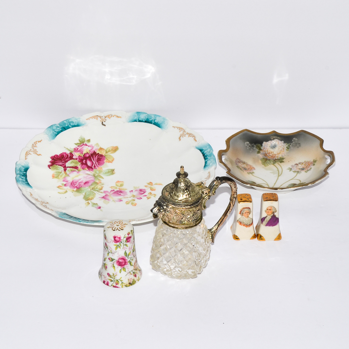 Collection of Antique Hand-Painted Porcelain and Glass Kitchenware