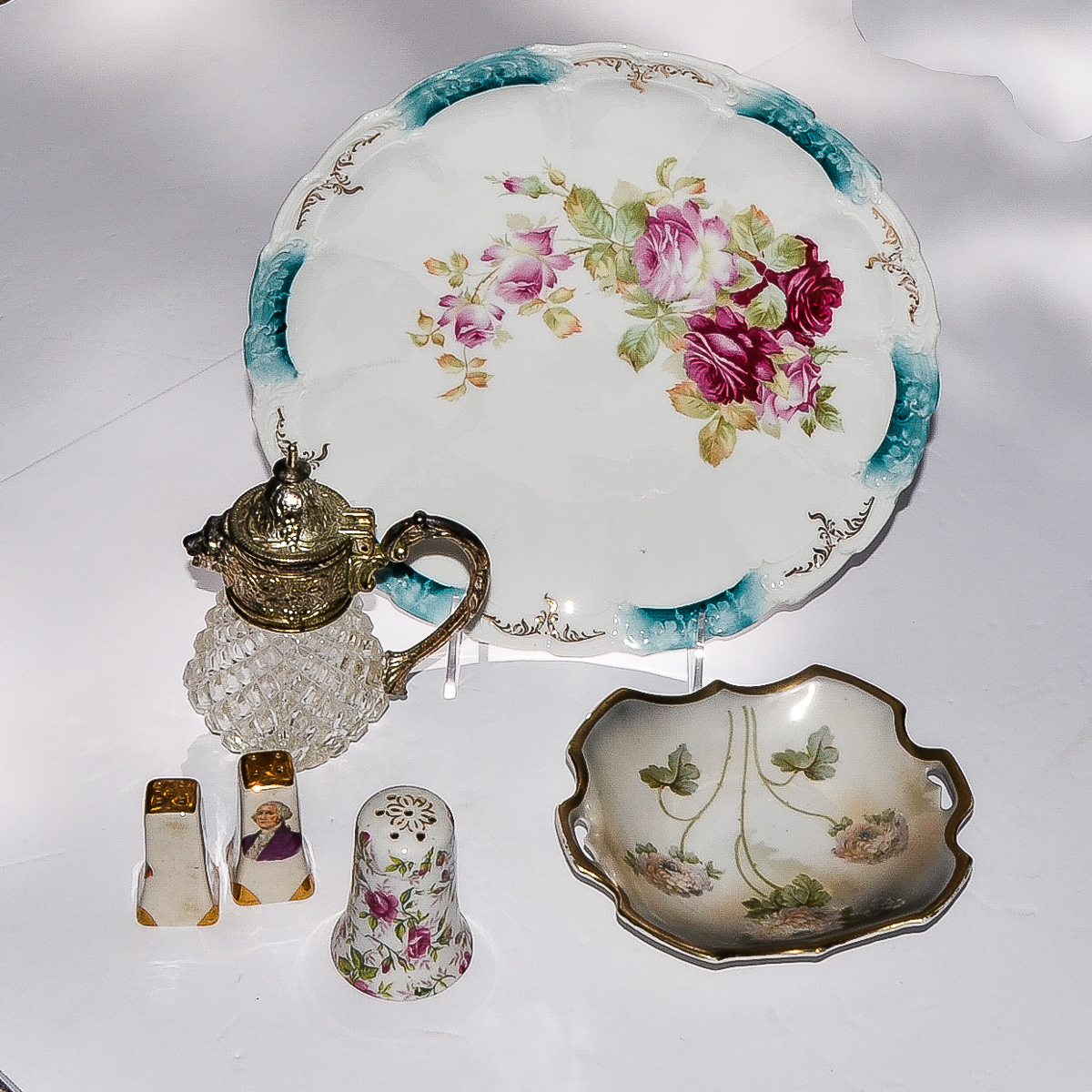 Collection of Antique Hand-Painted Porcelain and Glass Kitchenware