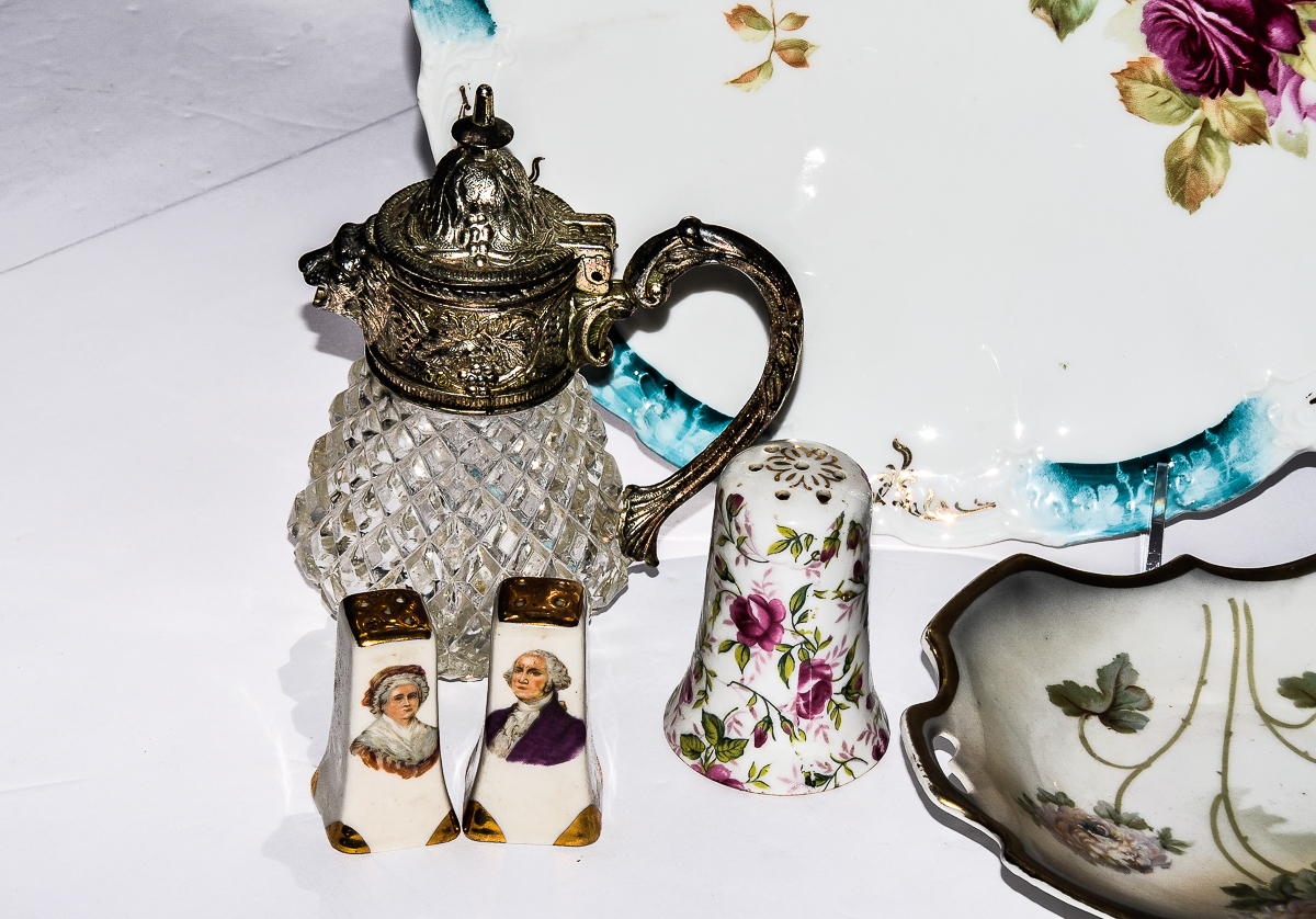 Collection of Antique Hand-Painted Porcelain and Glass Kitchenware