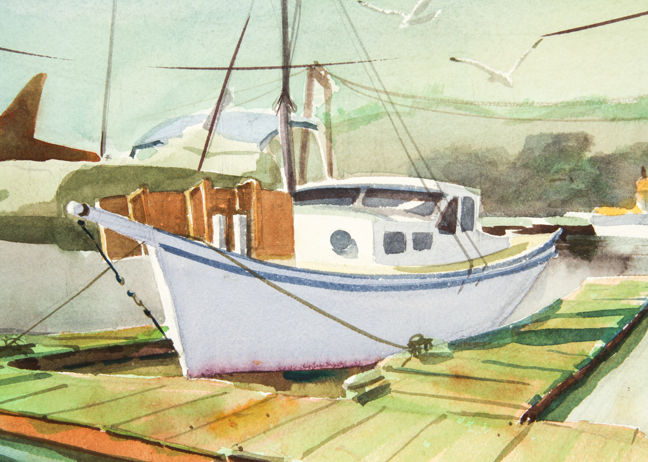 Jan Kunz Watercolor Painting on Paper "Harbor Sunset with Seagulls"