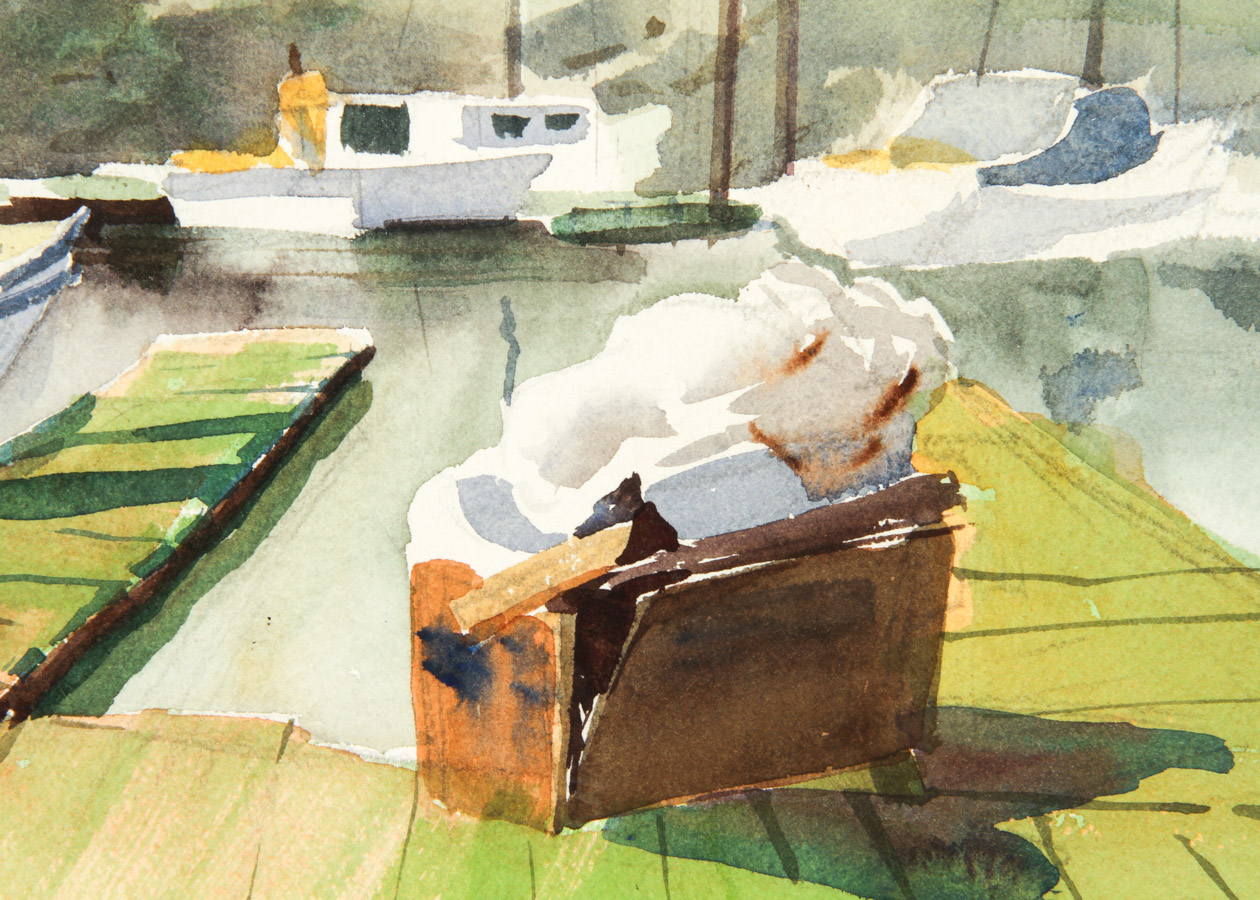 Jan Kunz Watercolor Painting on Paper "Harbor Sunset with Seagulls"