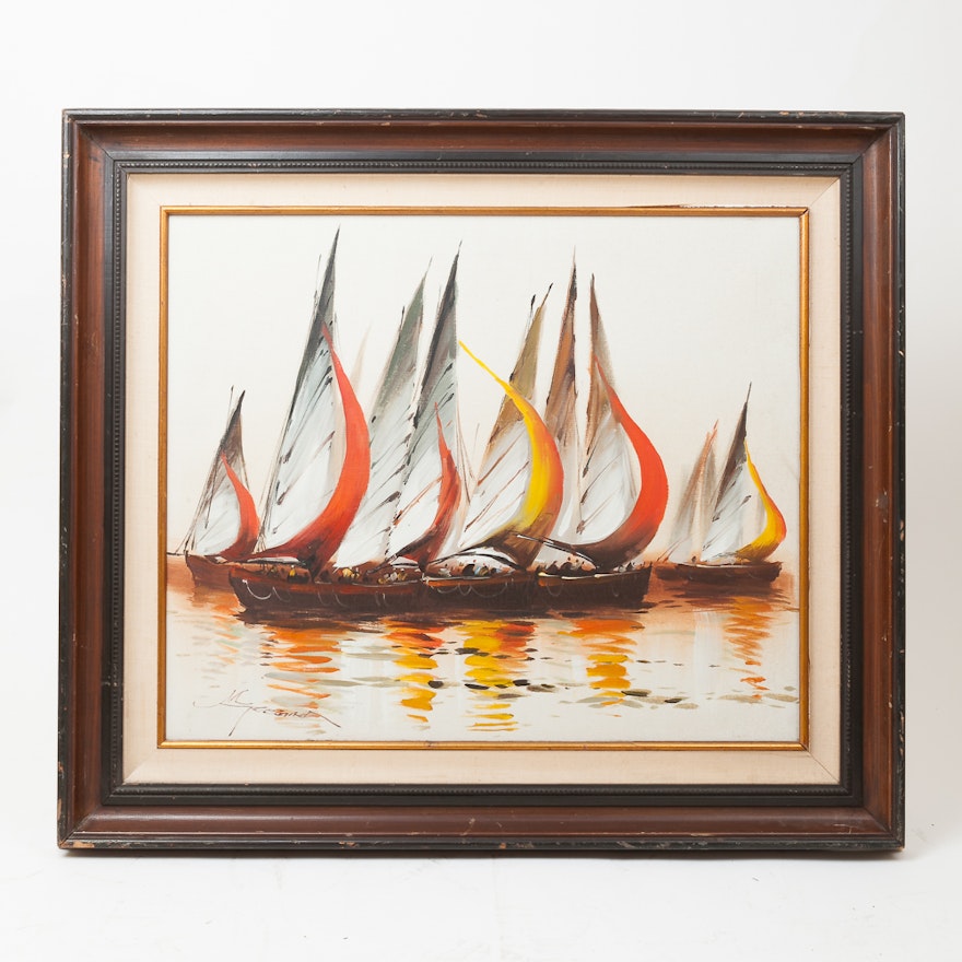 Acrylic on Canvas Painting of Boats