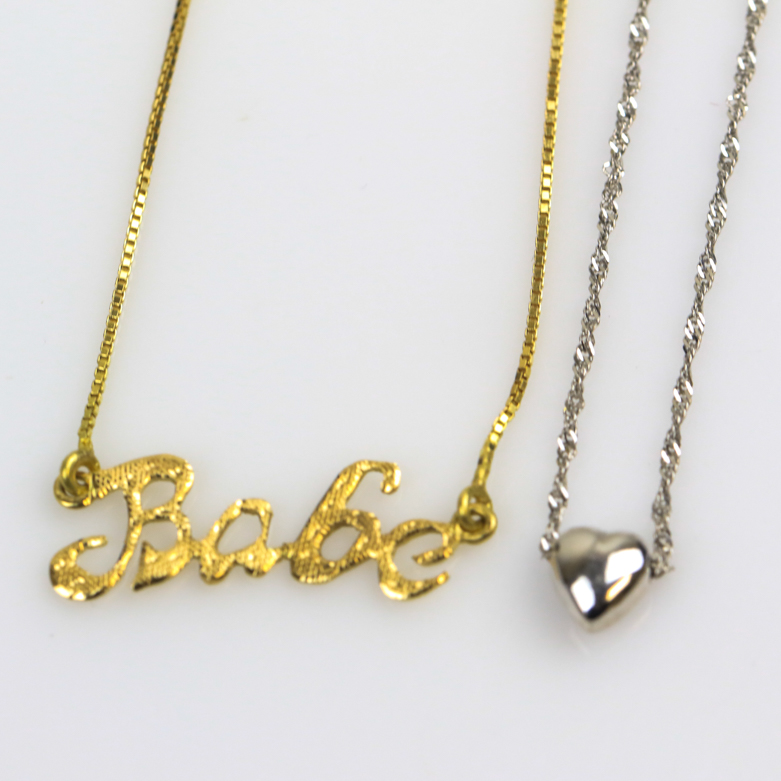 14K White Gold Heart Pendant and 18K Yellow Gold "Babe" Pendant Necklaces