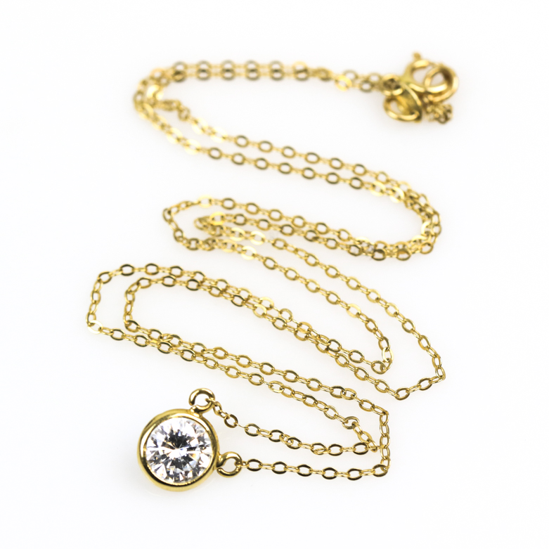 14K Yellow Gold and Bezel Set Cubic Zirconia Solitaire Necklace