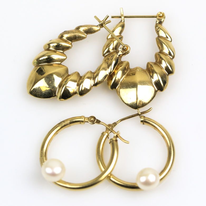 Two Pairs of 14K Yellow Gold Earrings