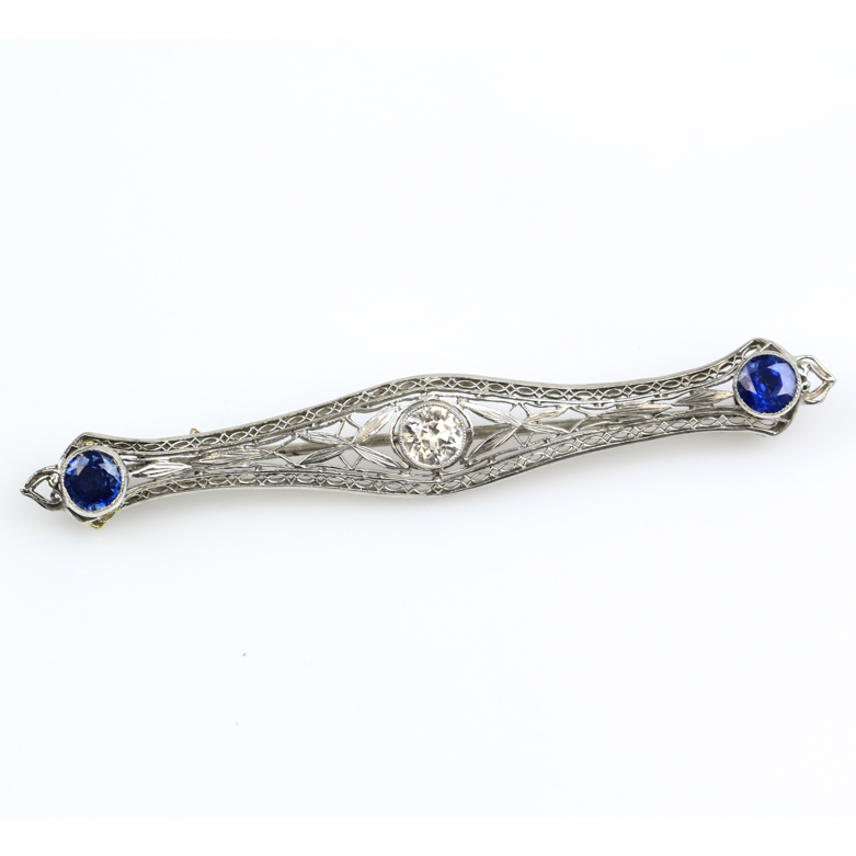 Vintage 14K White Gold, Synthetic Sapphire, and Cubic Zirconia Openwork Bar Brooch