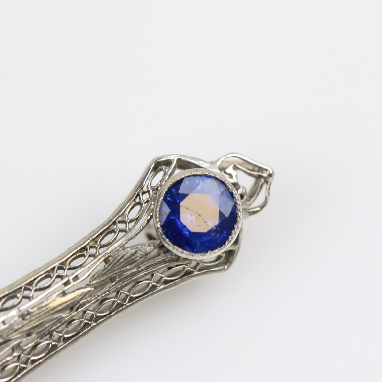 Vintage 14K White Gold, Synthetic Sapphire, and Cubic Zirconia Openwork Bar Brooch