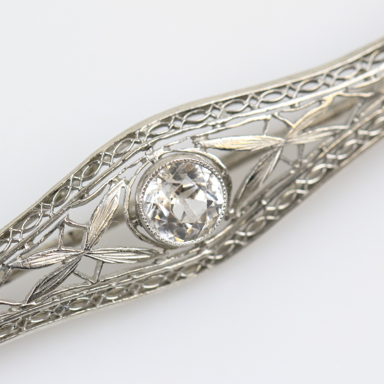 Vintage 14K White Gold, Synthetic Sapphire, and Cubic Zirconia Openwork Bar Brooch