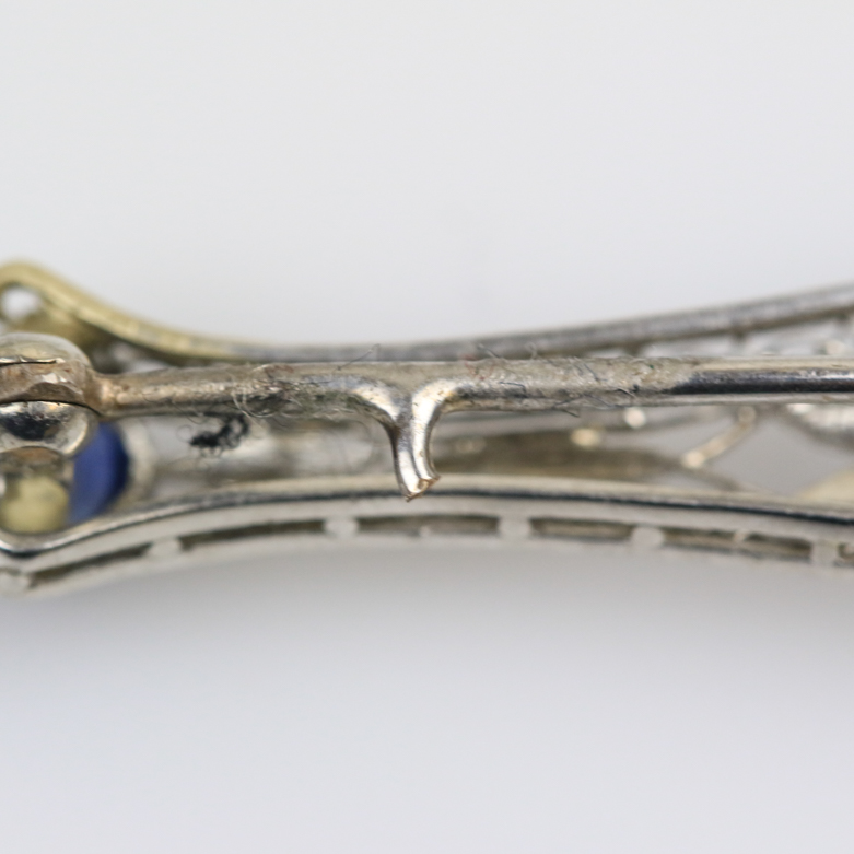 Vintage 14K White Gold, Synthetic Sapphire, and Cubic Zirconia Openwork Bar Brooch