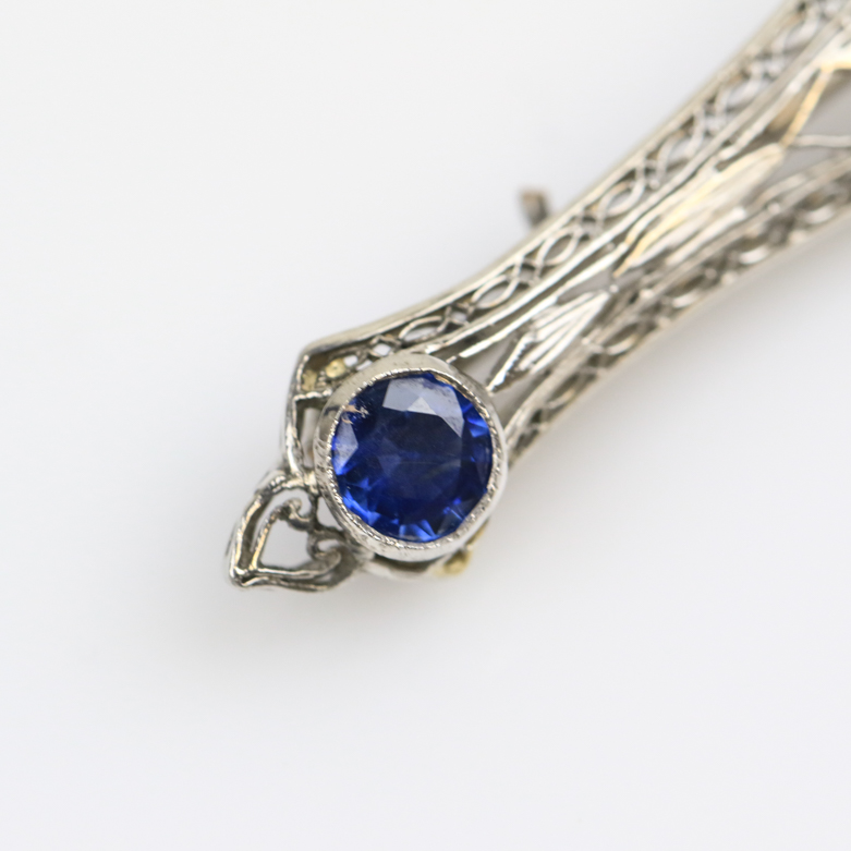 Vintage 14K White Gold, Synthetic Sapphire, and Cubic Zirconia Openwork Bar Brooch