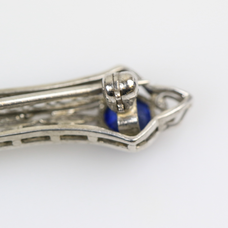 Vintage 14K White Gold, Synthetic Sapphire, and Cubic Zirconia Openwork Bar Brooch
