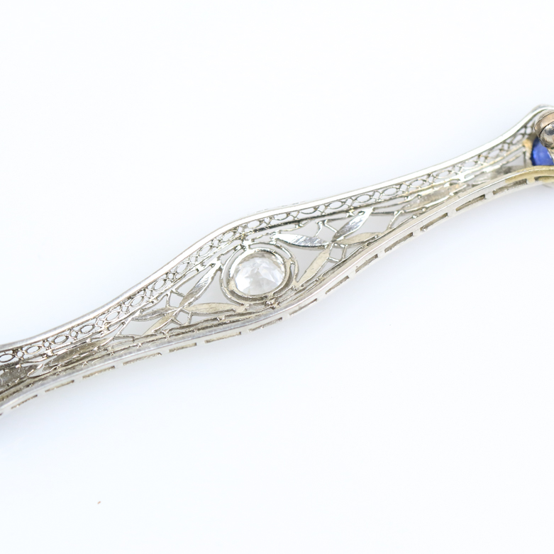 Vintage 14K White Gold, Synthetic Sapphire, and Cubic Zirconia Openwork Bar Brooch