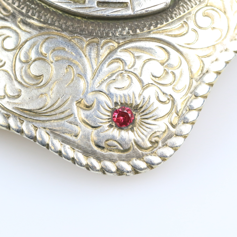 Vintage Crumrine 22K Yellow Gold Plate Over Sterling Silver and Synthetic Ruby Belt Buckle