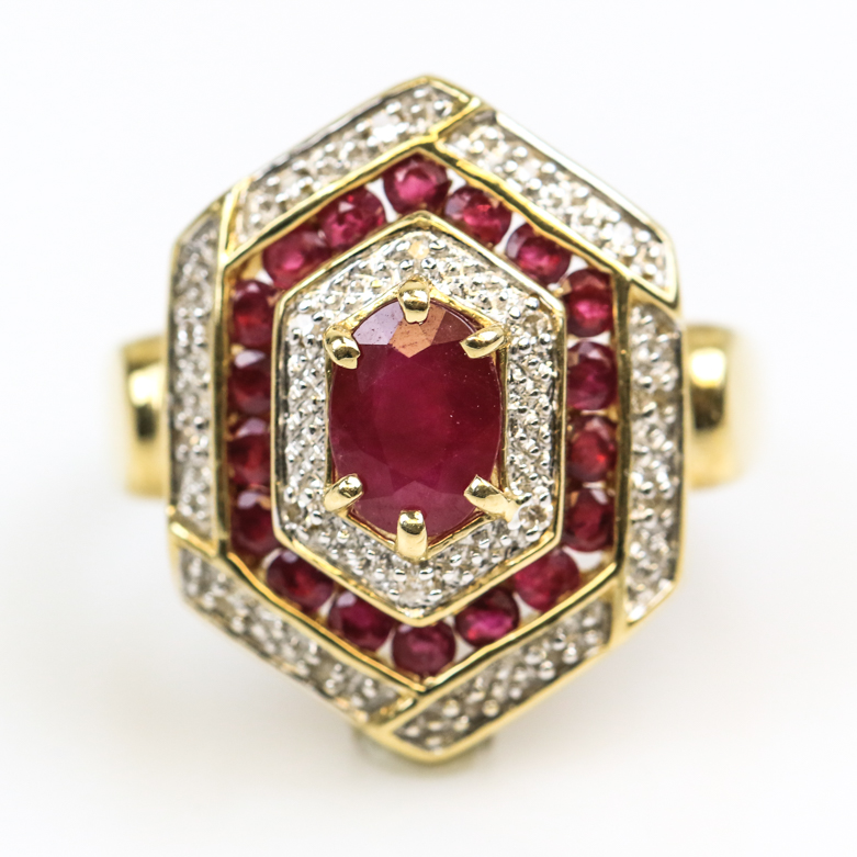 14K Yellow Gold, 1.12 CTW Ruby, and Diamond Hexagonal Cocktail Ring