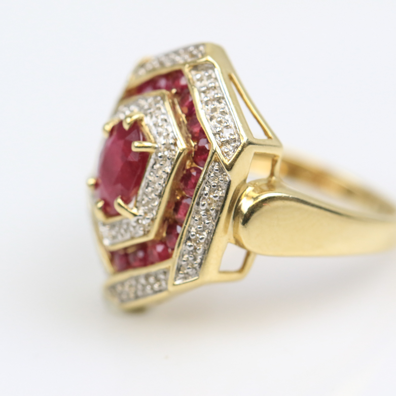 14K Yellow Gold, 1.12 CTW Ruby, and Diamond Hexagonal Cocktail Ring