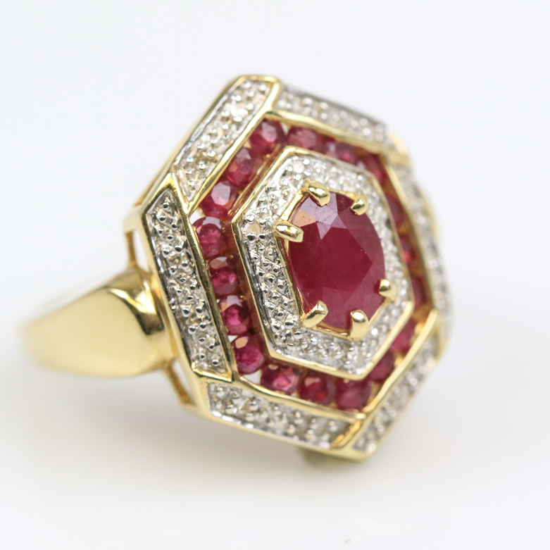 14K Yellow Gold, 1.12 CTW Ruby, and Diamond Hexagonal Cocktail Ring