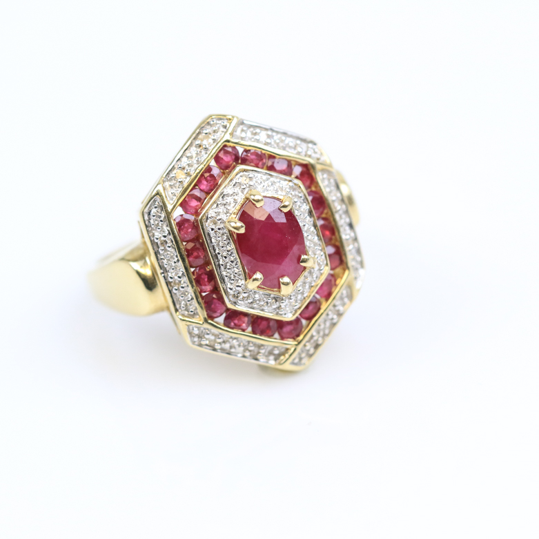14K Yellow Gold, 1.12 CTW Ruby, and Diamond Hexagonal Cocktail Ring