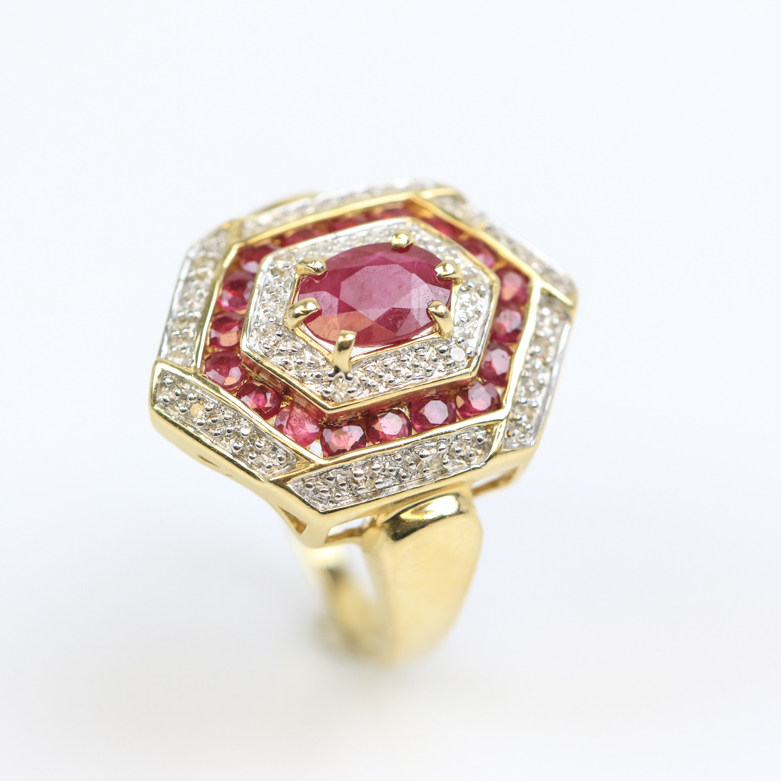 14K Yellow Gold, 1.12 CTW Ruby, and Diamond Hexagonal Cocktail Ring
