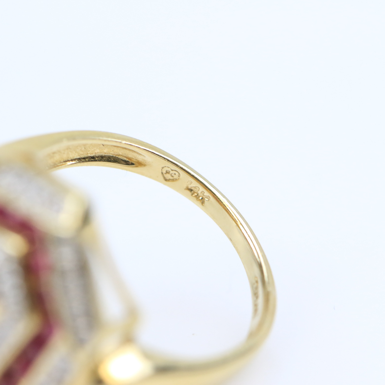 14K Yellow Gold, 1.12 CTW Ruby, and Diamond Hexagonal Cocktail Ring