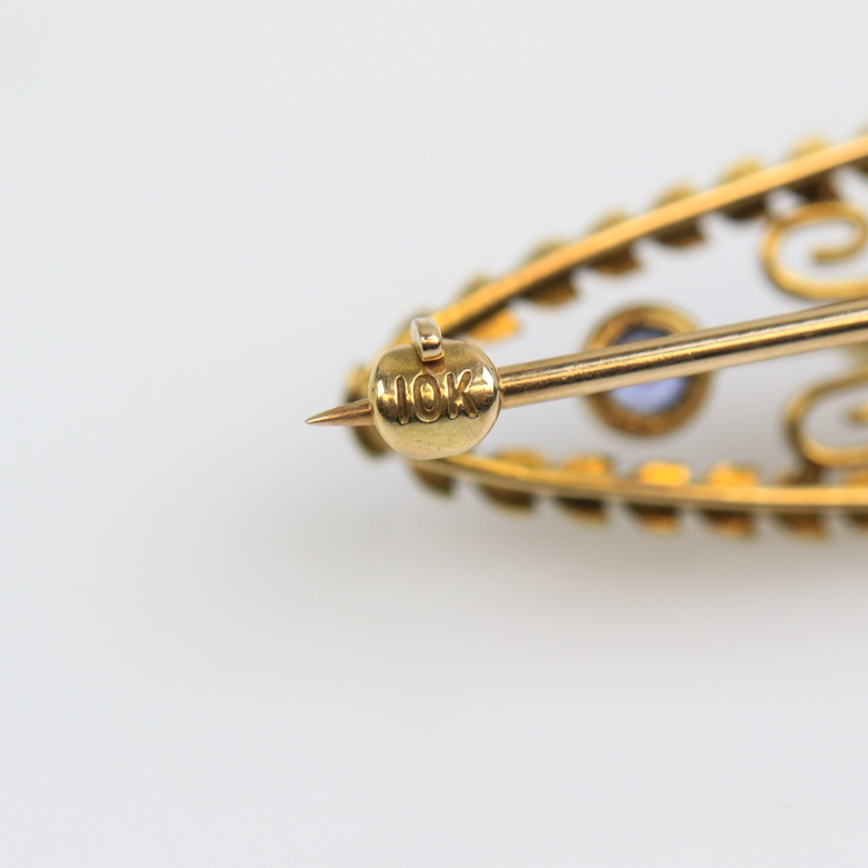 Early Edwardian 10K Yellow Gold, Diamond, Sapphire, and Pearl Open Oval Brooch