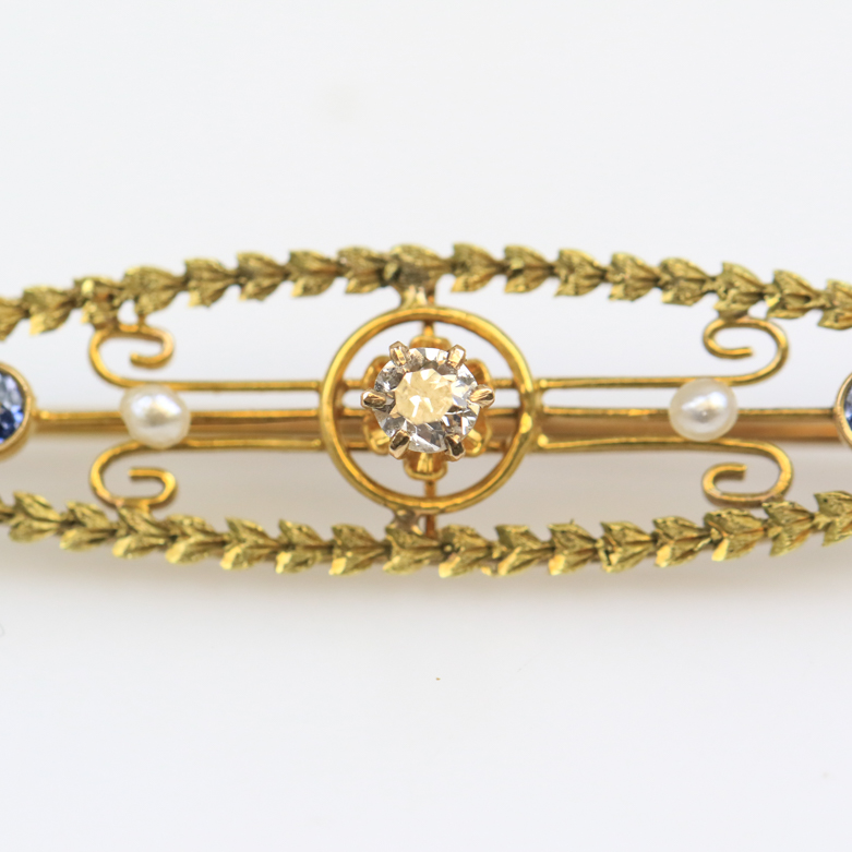 Early Edwardian 10K Yellow Gold, Diamond, Sapphire, and Pearl Open Oval Brooch