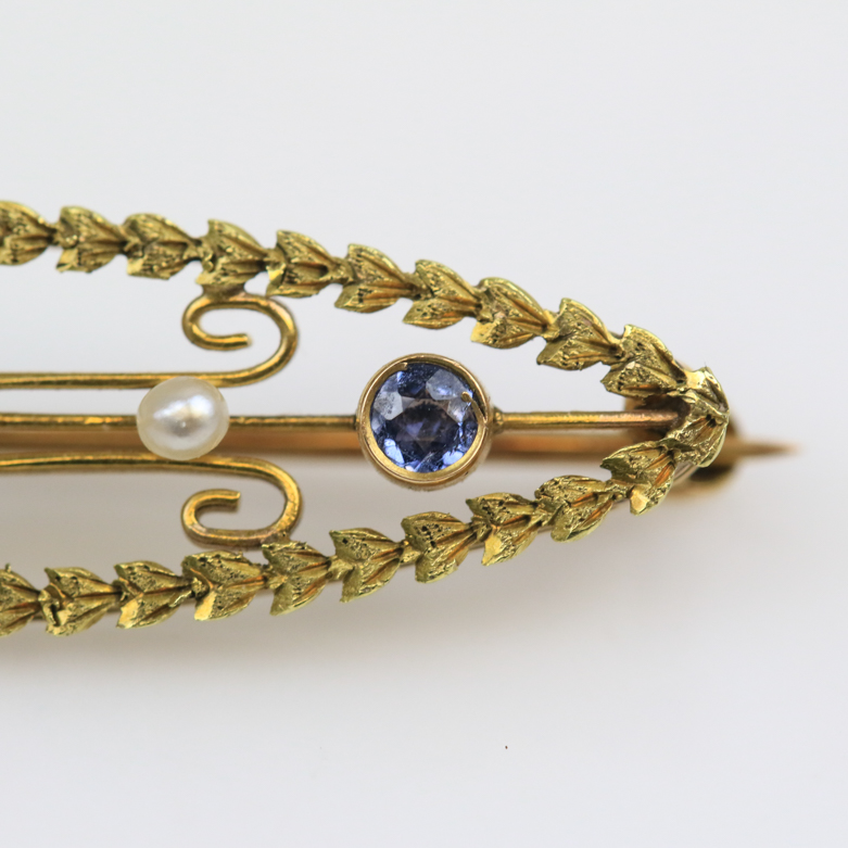 Early Edwardian 10K Yellow Gold, Diamond, Sapphire, and Pearl Open Oval Brooch