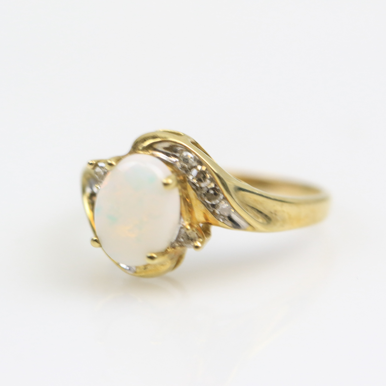10K Yellow Gold, Opal, and Diamond Bypass Ring
