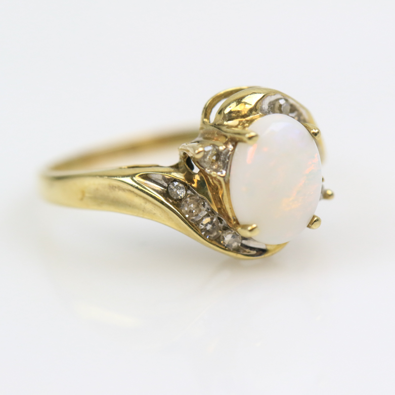 10K Yellow Gold, Opal, and Diamond Bypass Ring