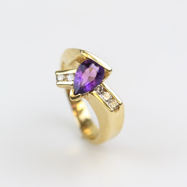 14K Yellow Gold, Amethyst, and Diamond Bypass Ring