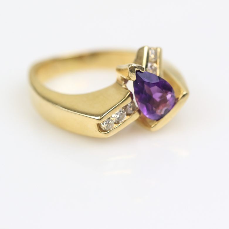 14K Yellow Gold, Amethyst, and Diamond Bypass Ring