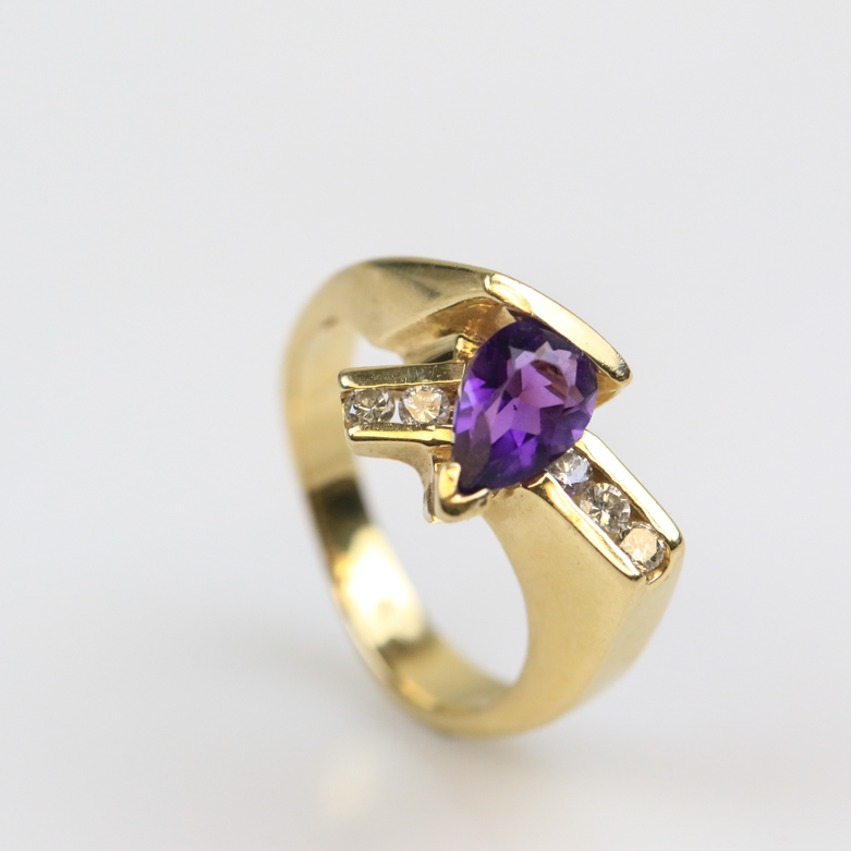 14K Yellow Gold, Amethyst, and Diamond Bypass Ring