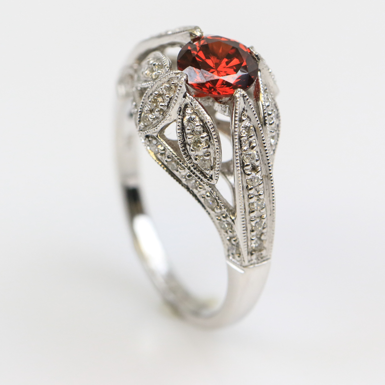 Deco Style 18K White Gold, Diamond, and Red Cubic Zirconia Cathedral Ring