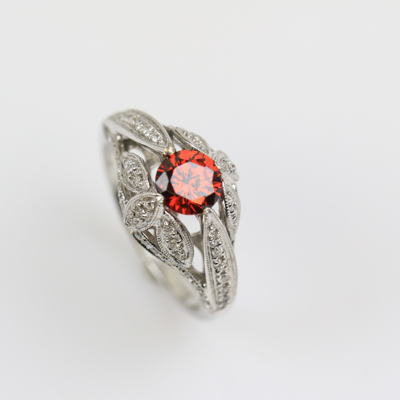 Deco Style 18K White Gold, Diamond, and Red Cubic Zirconia Cathedral Ring