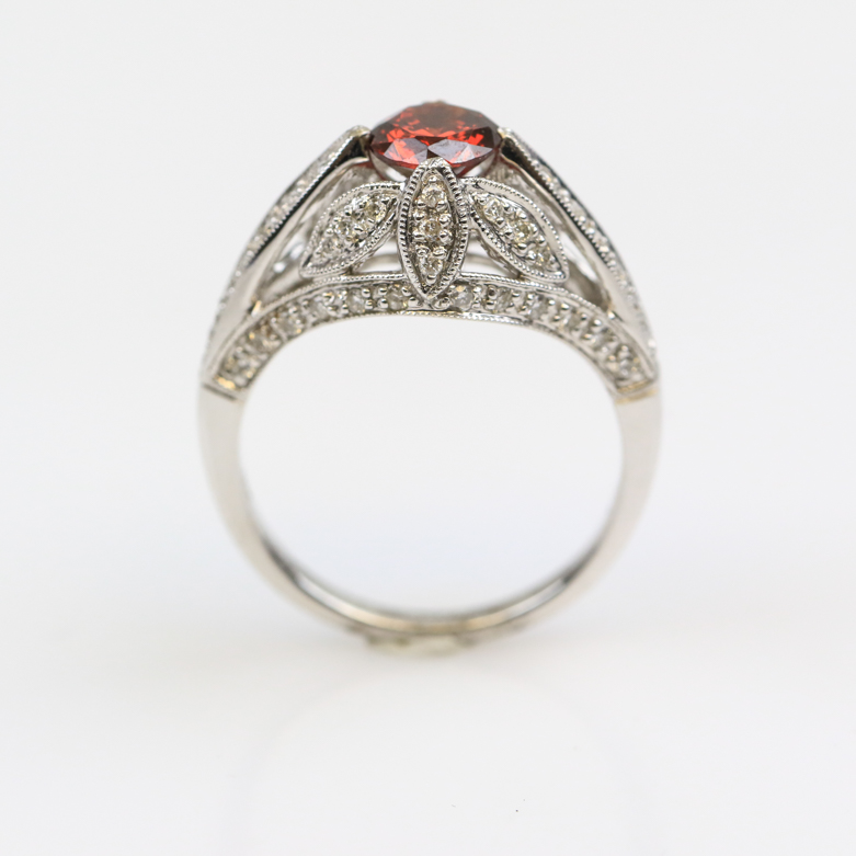 Deco Style 18K White Gold, Diamond, and Red Cubic Zirconia Cathedral Ring