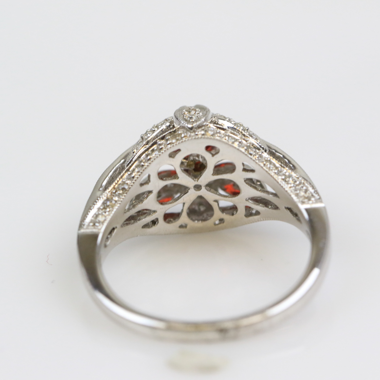 Deco Style 18K White Gold, Diamond, and Red Cubic Zirconia Cathedral Ring