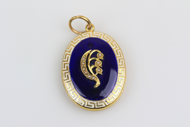 Victorian 14K Yellow Gold, Pearl, and Enamel Lily of the Valley Mourning Locket