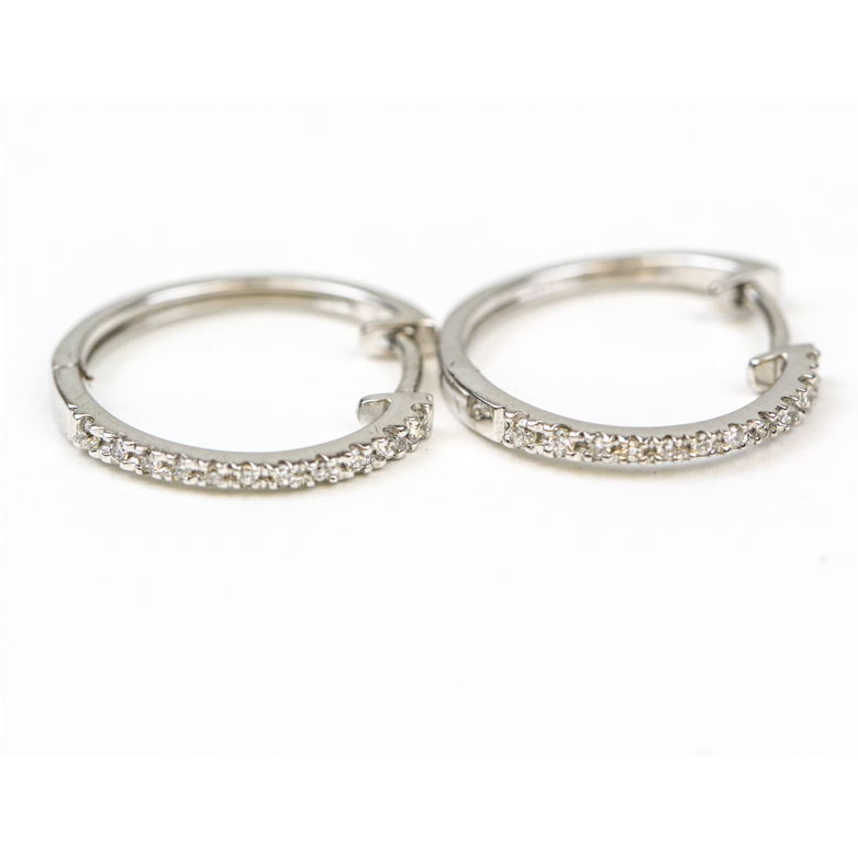 14K White Gold and Diamond Huggie Hoops