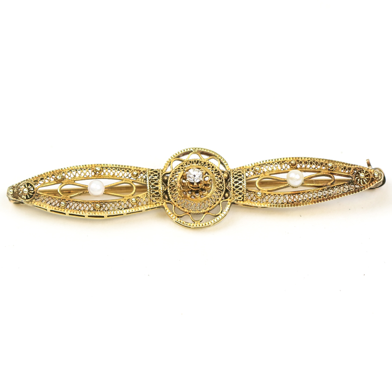 Late Victorian 14K Yellow Gold, Diamond, and Pearl Filigree Bar Brooch