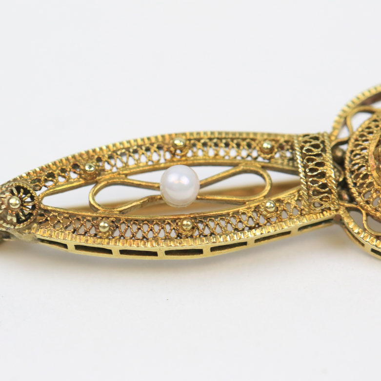Late Victorian 14K Yellow Gold, Diamond, and Pearl Filigree Bar Brooch