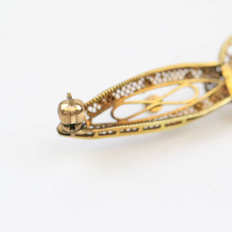 Late Victorian 14K Yellow Gold, Diamond, and Pearl Filigree Bar Brooch
