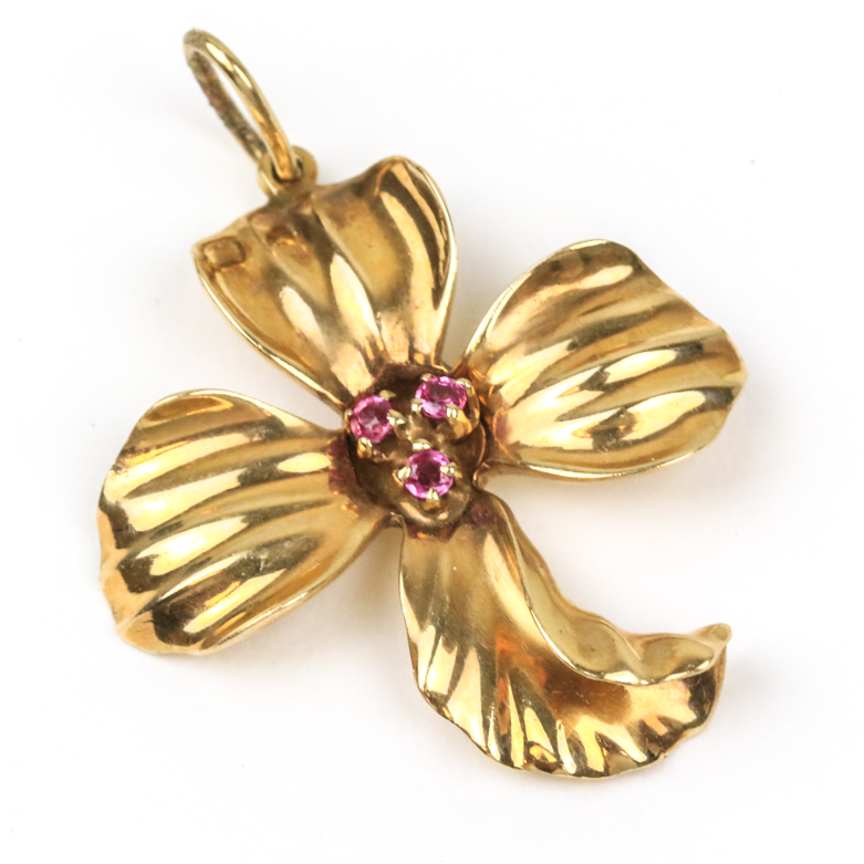 14K Yellow Gold and Pink Sapphire Flower Pendant