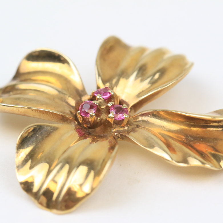 14K Yellow Gold and Pink Sapphire Flower Pendant