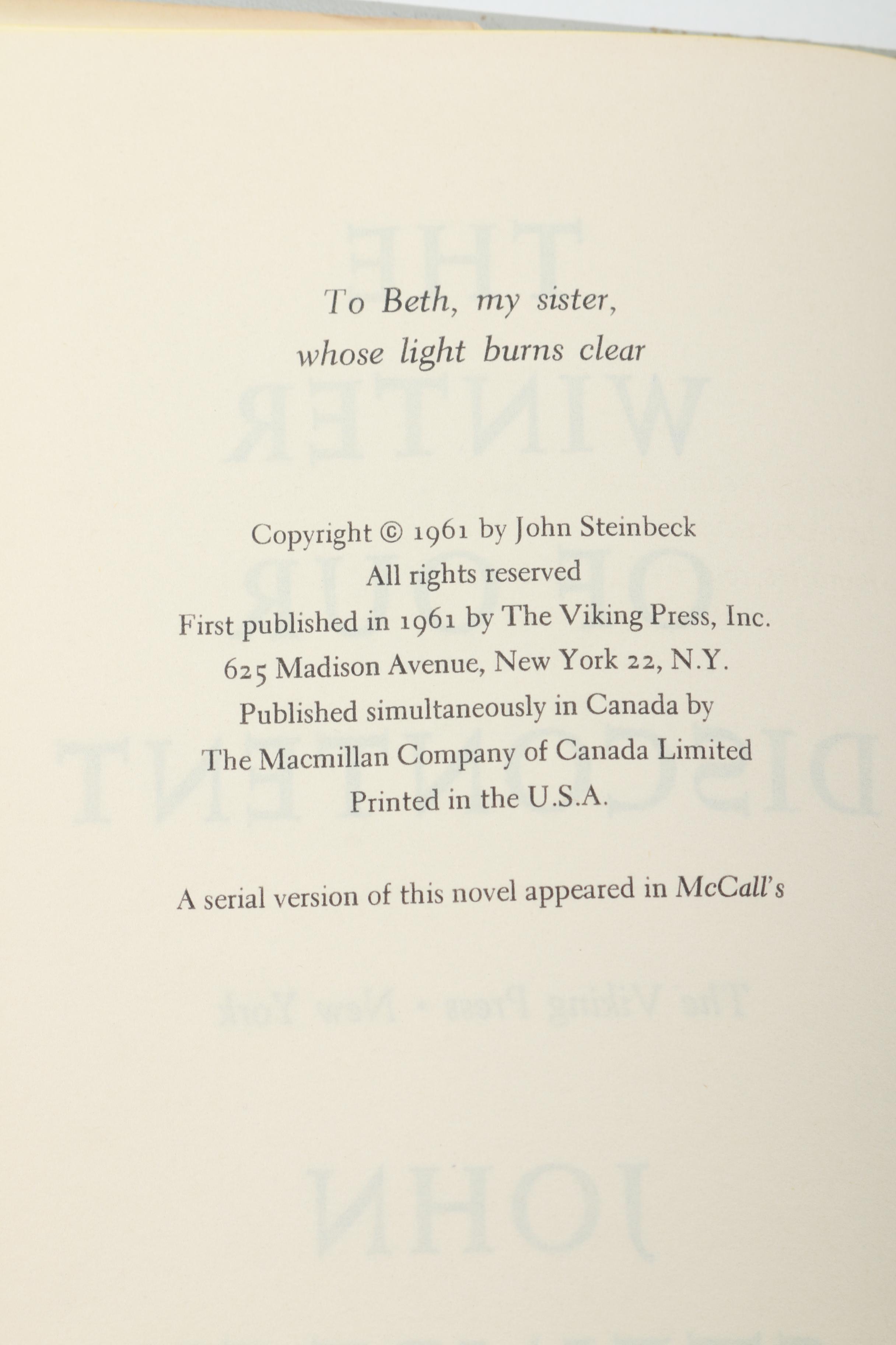 1961 "The Winter of Our Discontent" by John Steinbeck